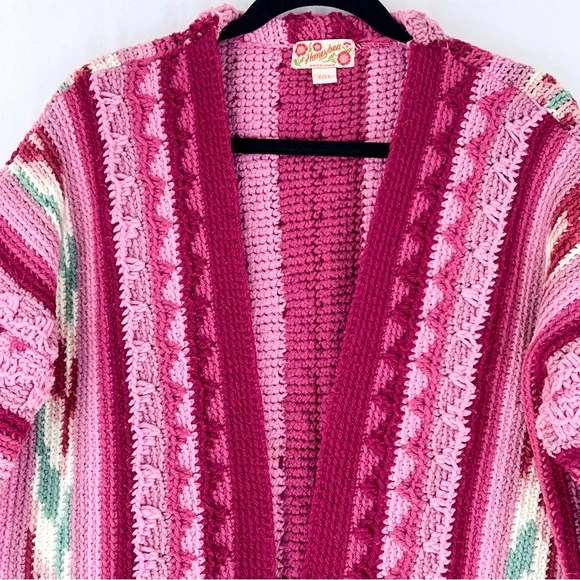 Honeybea Upcycled Vintage Afghan Sweater Cardigan OS Pink - Picture 4 of 13